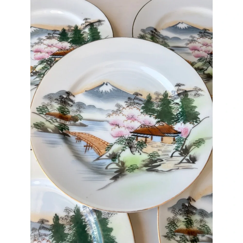 Hayasi Fine China Japan Mt Fuji Cherry Blossom Plates Set of 5 Vintage 6.25in